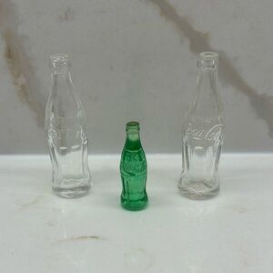 3 Vintage Miniature Coca-Cola Coke Bottles 2 Clear Glass 1 Green Plastic Unique